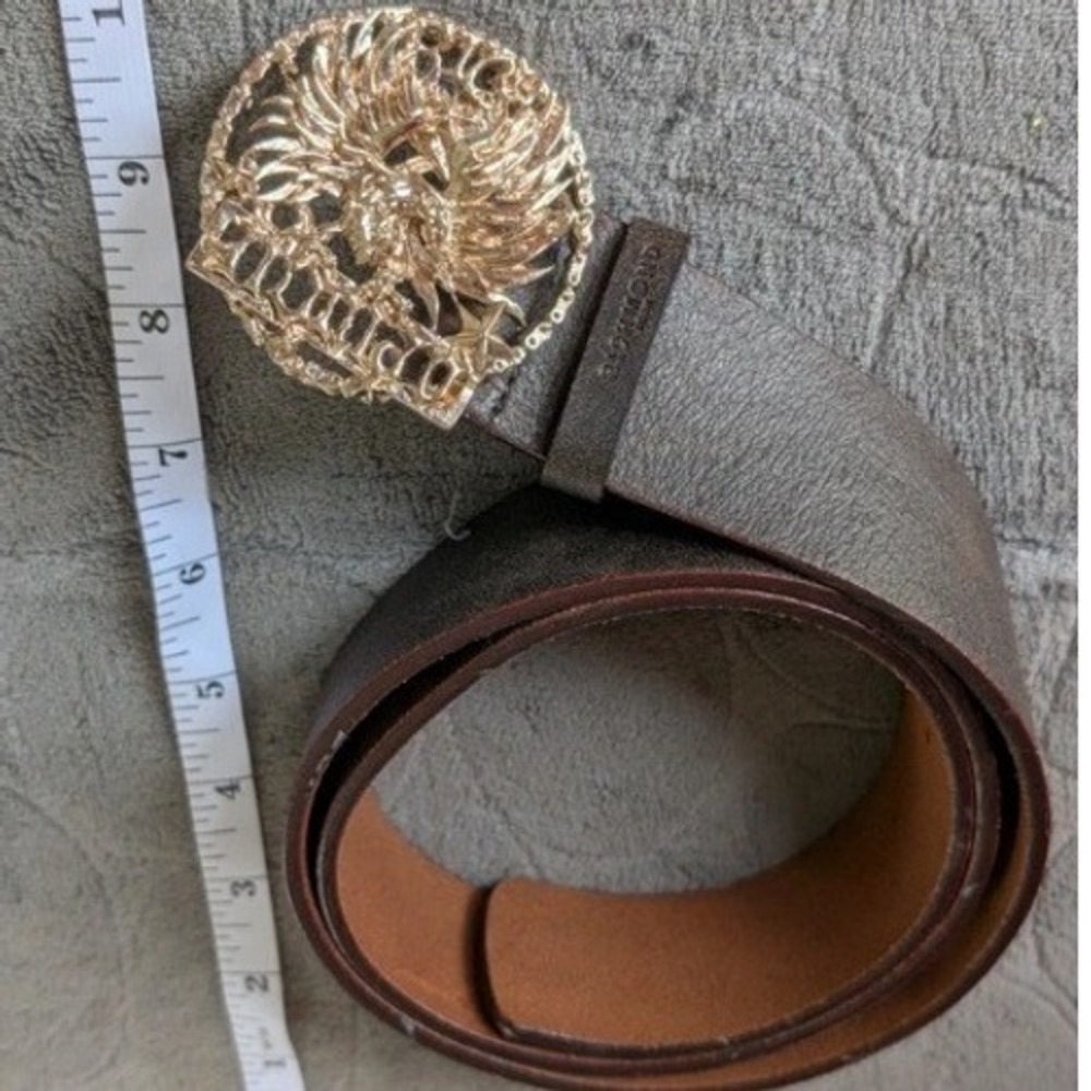 John Richmond Brown Leather Belt Gold Eagle Logo Buckle Made in Italy 85/44‎